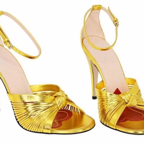 Gucci Shoes | Crawford Metallic Leather Knotted Strap Sandals Pumps, Gold - Picture 2 of 5
